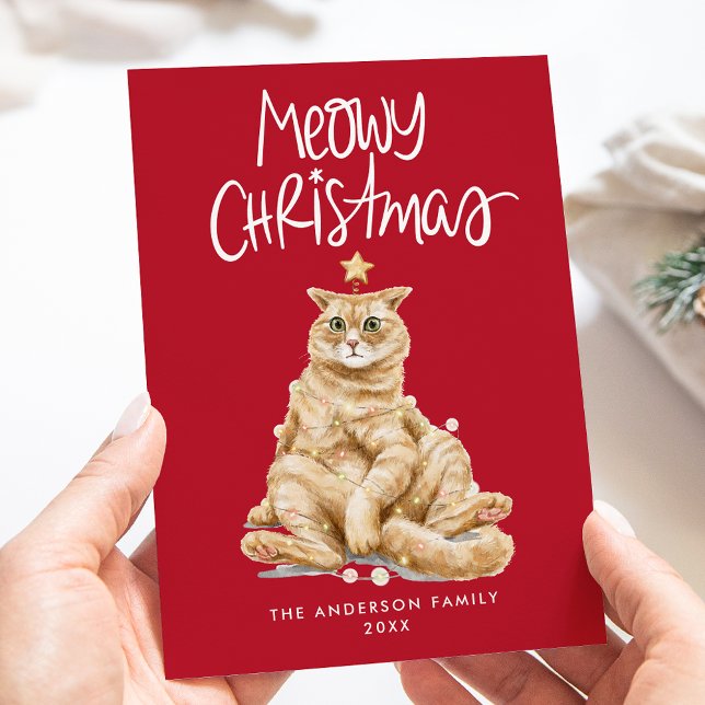 Cute Watercolor Cat Meowy Christmas Non-Photo Holiday Card (Creator Uploaded)