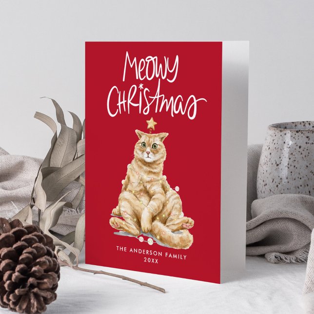 Cute Watercolor Cat Meowy Christmas Non-Photo Holiday Card (Creator Uploaded)