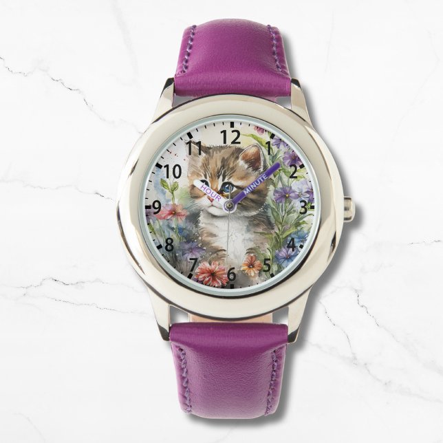 Cute Watercolor Cat Pretty Flowers Girly Watch (Creator Uploaded)