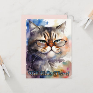 Cute Watercolor Cat Wearing Glasses Greeting Card
