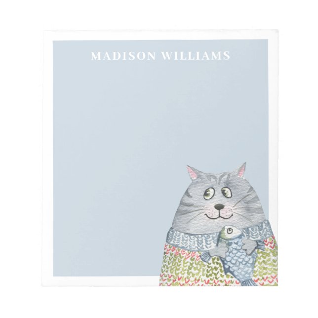 Cute Watercolor Cat with Custom Name Notepad (Front)