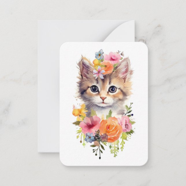 Cute Watercolor Cat with Flowers Card (Front)