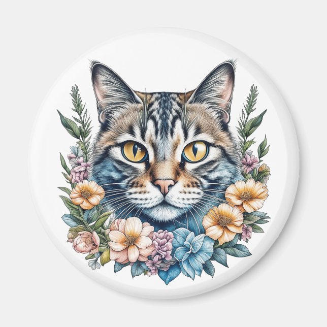 Cute Watercolor Cat with Flowers Magnet (Front)