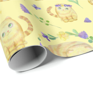 Cute Watercolor Cats and Flowers Pattern Yellow  Wrapping Paper