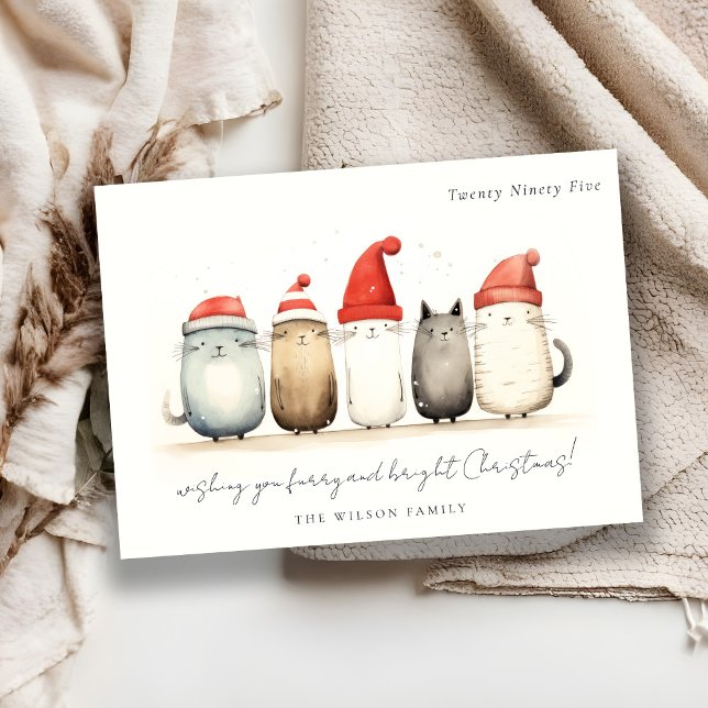 Cute Watercolor Cats Furry and Bright Christmas Holiday Card (Creator Uploaded)