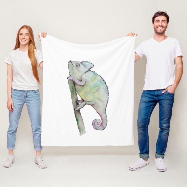Cute watercolor chameleon fleece blanket (In Situ)