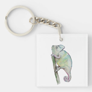 Cute watercolor chameleon key ring