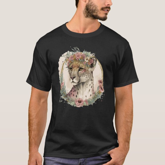 Cute Watercolor Cheetah Flower Crown Safari Animal T-Shirt (Front)