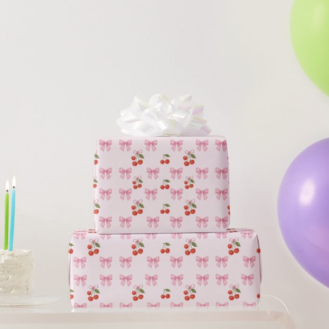 Cute Watercolor Cherry Bow Coquette Pattern Wrapping Paper (Party Gifts)