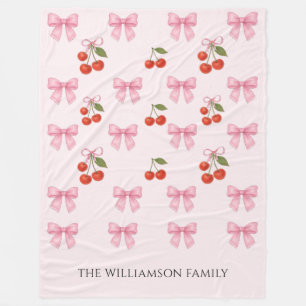 Cute Watercolor Cherry Bow Coquette Personalised Fleece Blanket