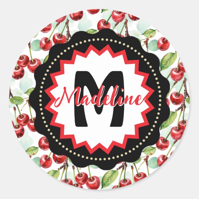 Cute Watercolor Cherry Pattern Personalised Classic Round Sticker (Front)