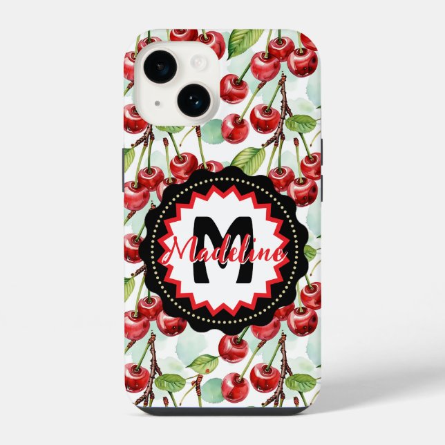 Cute Watercolor Cherry Pattern Personalised iPhone Case (Back)