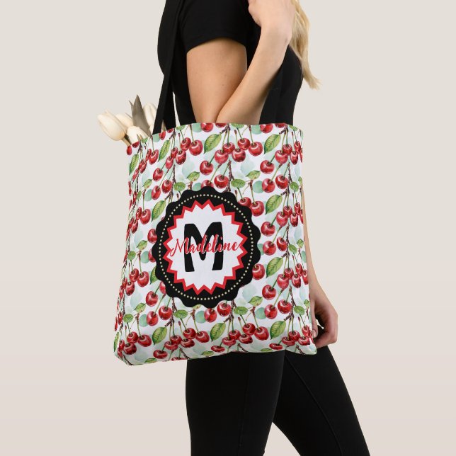 Cute Watercolor Cherry Pattern Personalised Tote Bag (Close Up)