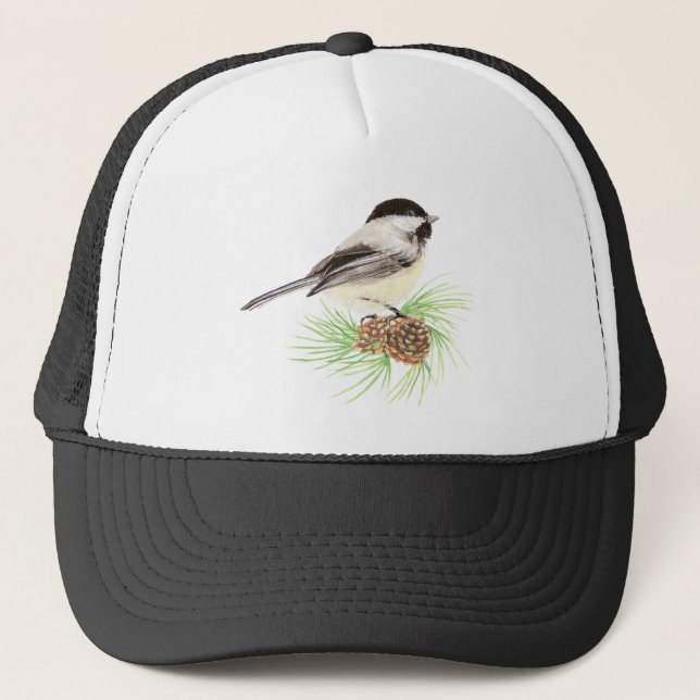 Cute Watercolor Chickadee Bird Pine Tree Trucker Hat (Front)