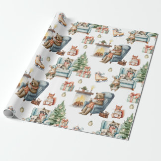 Cute Watercolor Christmas Animals Wrapping Paper