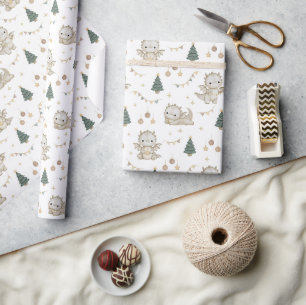 Cute Watercolor Christmas Dragon Kids Baby Wrapping Paper
