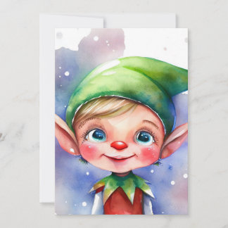 Cute Watercolor Christmas Elf with Long Ears Holiday Card