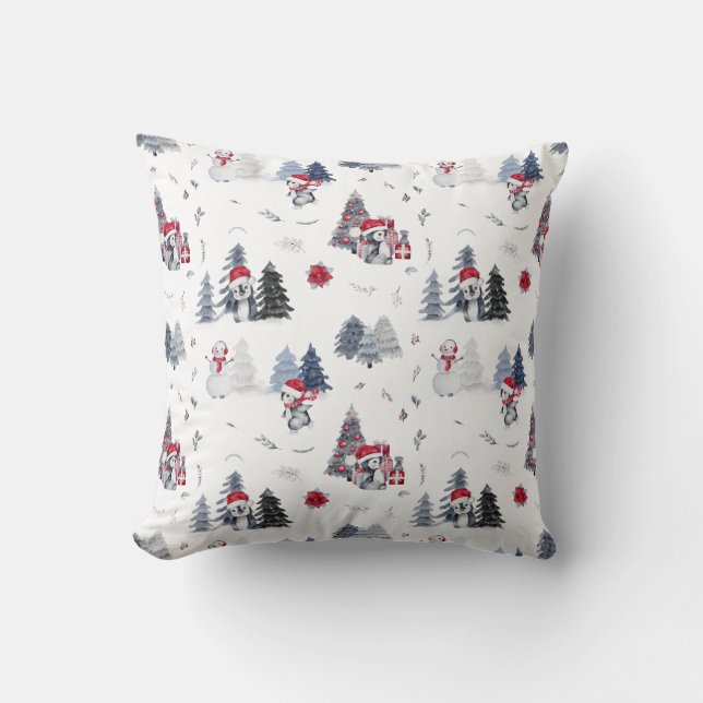 Cute Watercolor Christmas Holiday Penguin Pattern Cushion (Front)