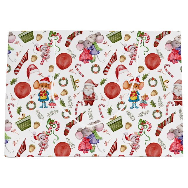 Cute Watercolor Christmas Mice & Santa Kids Large Gift Bag (Front)