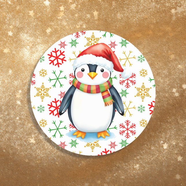 Cute Watercolor Christmas Penguin and Snowflakes Classic Round Sticker (Creator Uploaded)