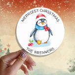 Cute Watercolor Christmas Penguin Personalised Classic Round Sticker<br><div class="desc">Cute watercolor Christmas penguin stickers. Add a sweet festive touch toy our Christmas card envelopes or gift bags. Add your custom holiday greeting and family's name in the personalise area.</div>