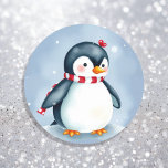 Cute Watercolor Christmas Penguin with Scarf Classic Round Sticker<br><div class="desc">Cute whimsical watercolor Christmas penguin and snowflakes with a blue background stickers.</div>