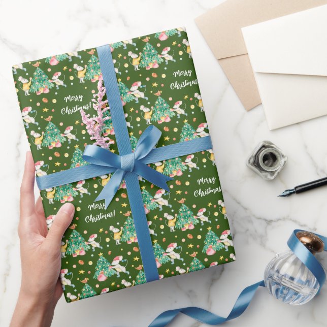 Cute Watercolor Christmas Rats Pattern Green Wrapping Paper (Gifting)