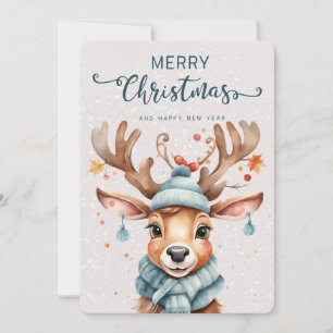 Cute Watercolor Christmas Reindeer Holiday Card