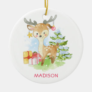 Cute Watercolor Christmas Reindeer Personalised Ceramic Tree Decoration