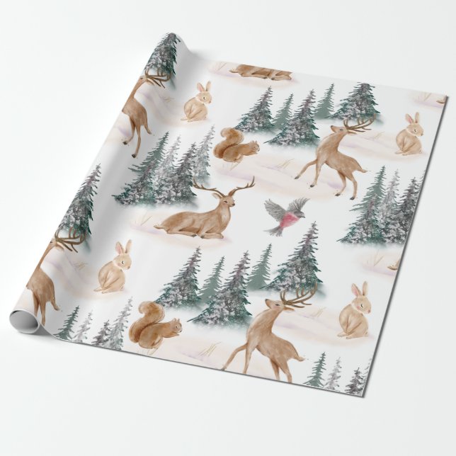 Cute Watercolor Christmas Snow Woodland Animals Wrapping Paper (Unrolled)