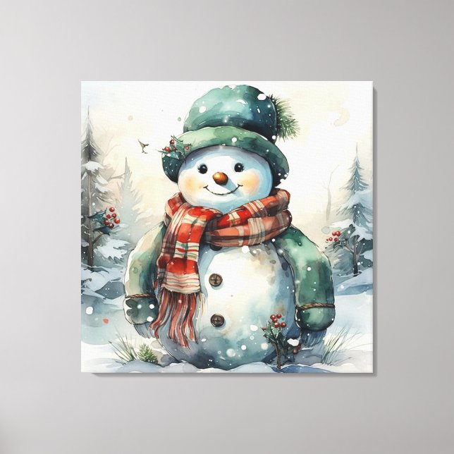 Cute Watercolor Christmas Snowman  Canvas Print (Front)