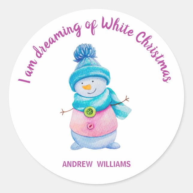 Cute Watercolor Christmas Snowman Custom Name Classic Round Sticker (Front)