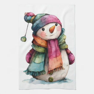 Cute Watercolor Christmas Snowman Kitchen Towel