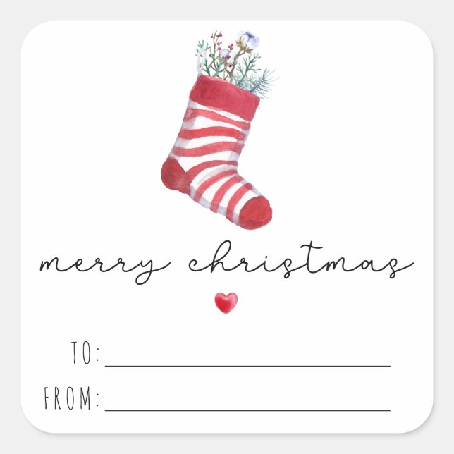 Cute Watercolor Christmas Stocking Merry Christmas Square Sticker (Front)