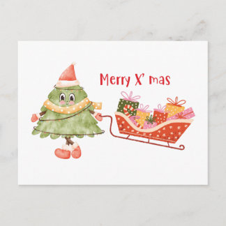 Cute Watercolor Christmas Tree Pulling Sleigh Postcard