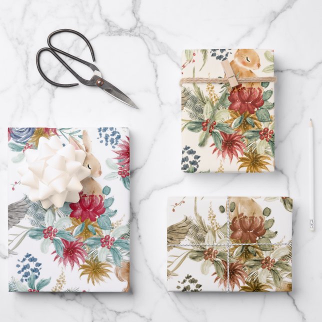 Cute Watercolor Christmas Woodland Animals Pattern Wrapping Paper Sheet (Front)