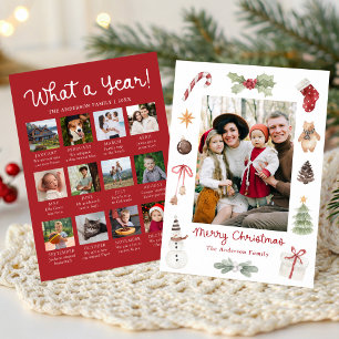 Cute Watercolor Christmas Year in Review Photo Holiday Card