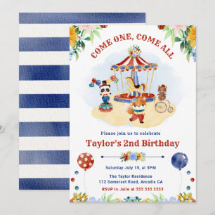 Cute Watercolor Circus Carnival Kids Birthday Invitation