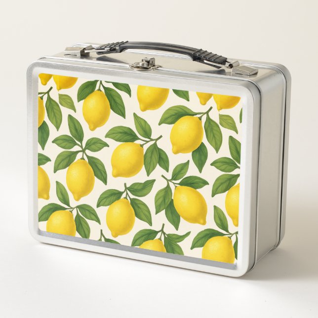 Cute Watercolor Citrus Lemon Patterned Metal Lunch Box (Front)