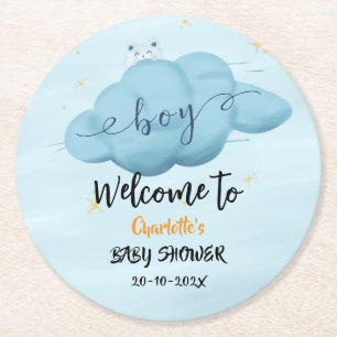 Cute Watercolor Cloud Baby Boy Shower Round Paper Coaster
