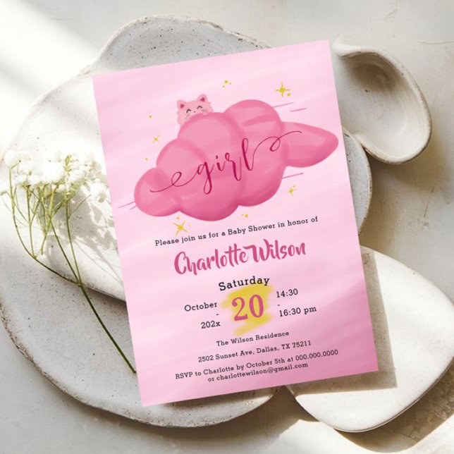 Cute Watercolor Cloud Baby Girl Shower Invitation (Creator Uploaded)