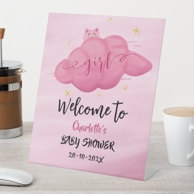 Cute Watercolor Cloud Baby Girl Shower Welcome Pedestal Sign (In SItu)