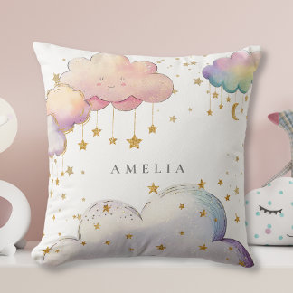 Cute Watercolor Cloud Star Baby Girl Shower Cushion