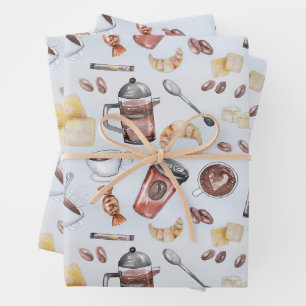 Cute Watercolor Coffee Lover Pattern Pastel Blue  Wrapping Paper Sheet