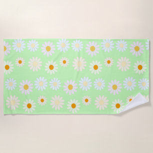 Cute watercolor colourful Daisy Pattern Green Beach Towel