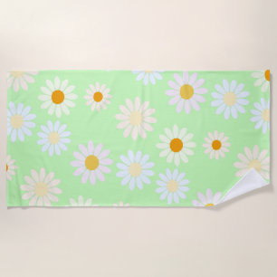 Cute watercolor colourful Daisy Pattern Green Beach Towel