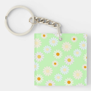 Cute watercolor colourful Daisy Pattern Green Key Ring