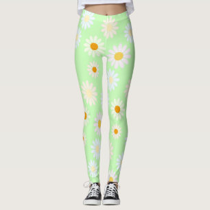 Cute watercolor colourful Daisy Pattern Green Leggings