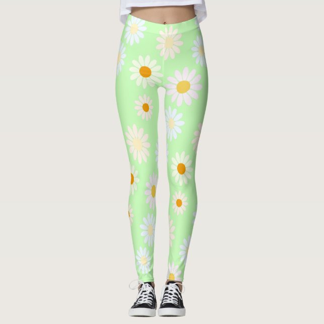 Cute watercolor colourful Daisy Pattern Green Leggings (Front)
