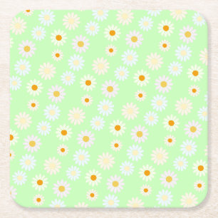 Cute watercolor colourful Daisy Pattern Green Square Paper Coaster